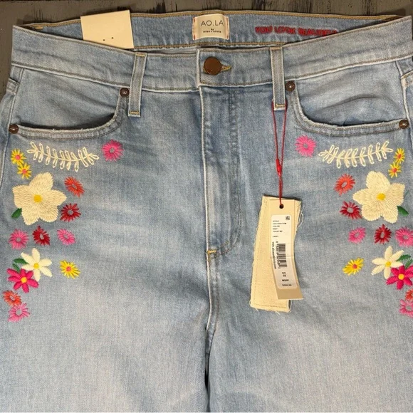 Alice + Olivia "Beautiful" High-Rise Bell Bottom Jeans - Floral Embroidered NWT - Picture 6 of 16